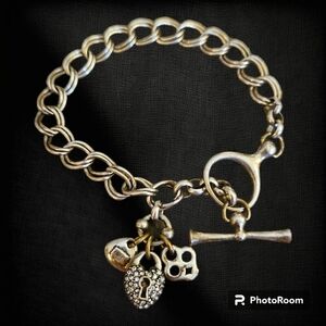VTG FOSSIL Heart Lock Charm Chain Toggle Tennis Bracelet